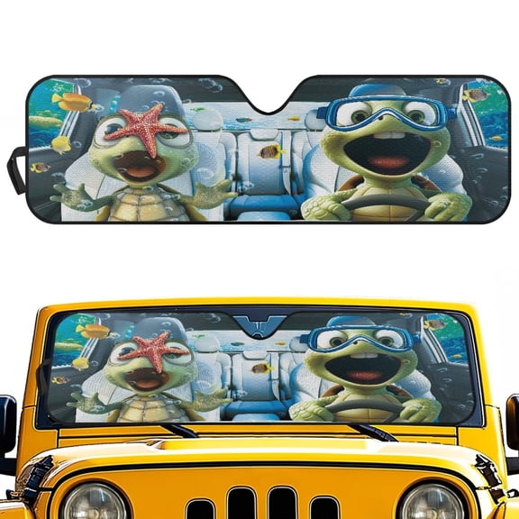 Yuyamidu Funny Turtle Driving Windshield Sun Shade Compatible with Jeep Wrangler JK JL Bolck UV Rays & Protect Car Interior Heat Shield Cover