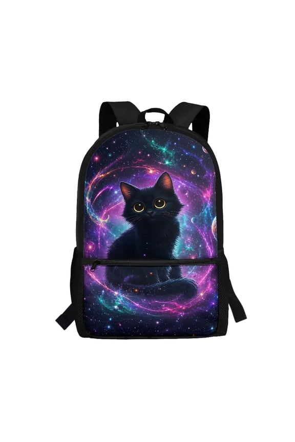 Galaxy Black Cat School Backpack, Lightweight Travel Daypack with Multiple Pockets for Teens Boys Girls Primary Middle School Daily Use Outdoor Trip