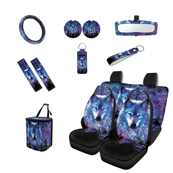 Yuyamidu Galaxy Car Interior Sets Car Front Back Seat Covers Steering Wheel Cover Seatbelt Pad Trash Bin Wolf Rearview Mirror Cover Coasters Keychain Lipstick Holder 13pcs Auto Accessory