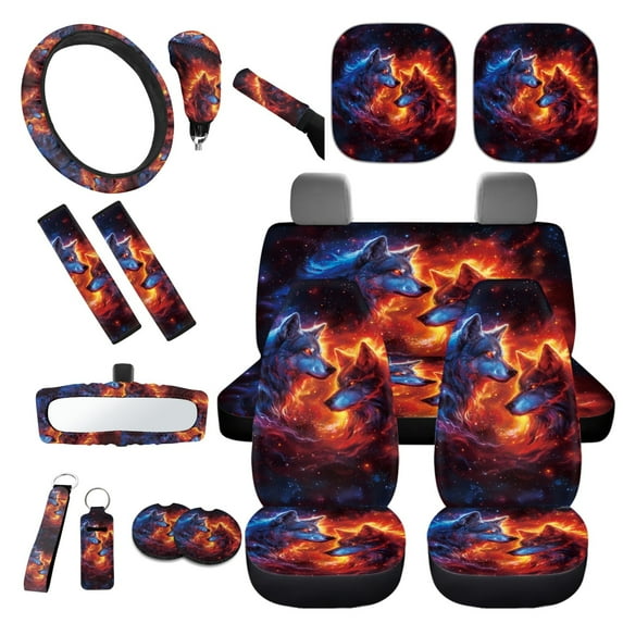 Yuyamidu Galaxy Car Seat Covers Full Set of 16 Fire Wolf Steering Wheel Cover Seat Belt Pad Sunshade Rearview Mirror Cover Car Coasters Key Chain Gear Shift Knob Cover Fit Most Vehicles