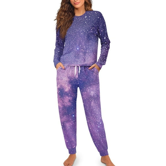 Yuyamidu Galaxy Pajamas Pants Matching Set of 2 Starry Sky Women Sleepwear for Fall Winter Spring Long Sleeve Pj Top & Pants Size S Loose Fitting O-Neck Nightwear, Purple