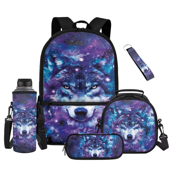 Yuyamidu Galaxy Wolf Backpack Set for Girls 8-12, 3rd-6th Grade, Lightweight 17 Inch Large Bookbag with Lunch Box, Water Bottle Sleeve, Pencil Case & Keychain, 5-Piece Back to School Supplies
