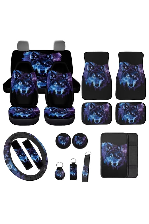 Galaxy Wolf Car Accessories Full Set Auto Seat Covers Floor Mats Steering Wheel Cover Armrest Cover Safety Belt Pad Cup Coasters Keychains 17 PCS Universal Fit for Most Vehicles