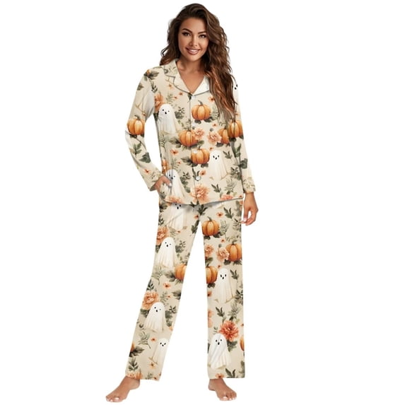 Yuyamidu Ghost Pumpkin Button Sleepwear Sets Women Loose Fitting Pajamas for Vacation Jogger 2 Pieces Halloween V Neck Sleep Shirt Nightwear Size XL