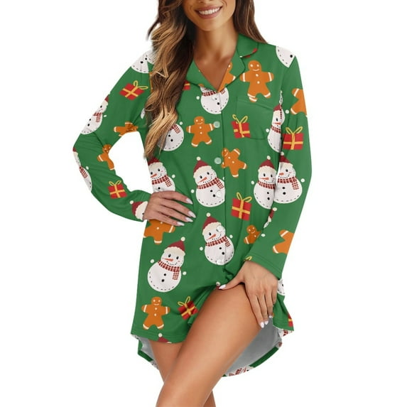 Yuyamidu Gingerbread Man Button Down Nightgown Long Sleve Sleep Shirts for Women Snowman Night Gowns Christmas Sleep Shirt Size M Greem House Dress with Pockets