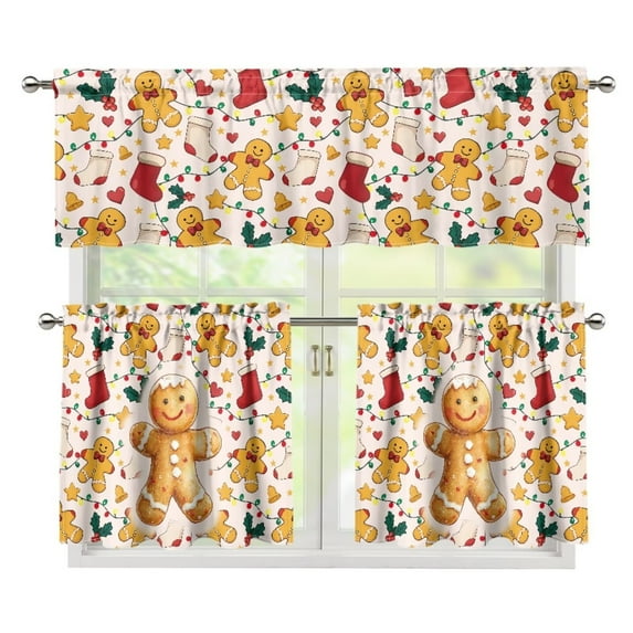 Yuyamidu Gingerbread Man Kitchen Curtain Valance and Tiers 3 Panel Set Soft Bathroom Window Curtain with Rod Pocket Easy to Install Contemporary Trendy Valances Home Decor