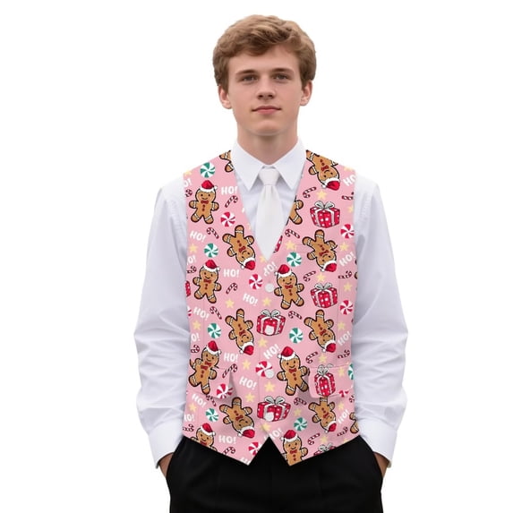 Yuyamidu Gingerbread Man Mens V Neck Suit Vest for Wedding Prom Tuxedo Dress with Adjustable Back Strap Pink Christmas Casual Waistcoat for Men Size L