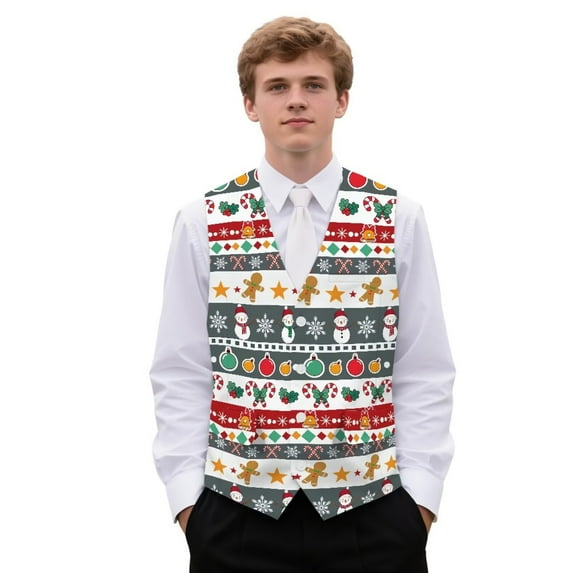 Yuyamidu Gingerbread Man Suit Vests for Men Size L Christmas Casual Formal Dress Vest Snowman Business Slim Fit Waistcoat Vest with 3 Real Pockets for Suits Tuxedo
