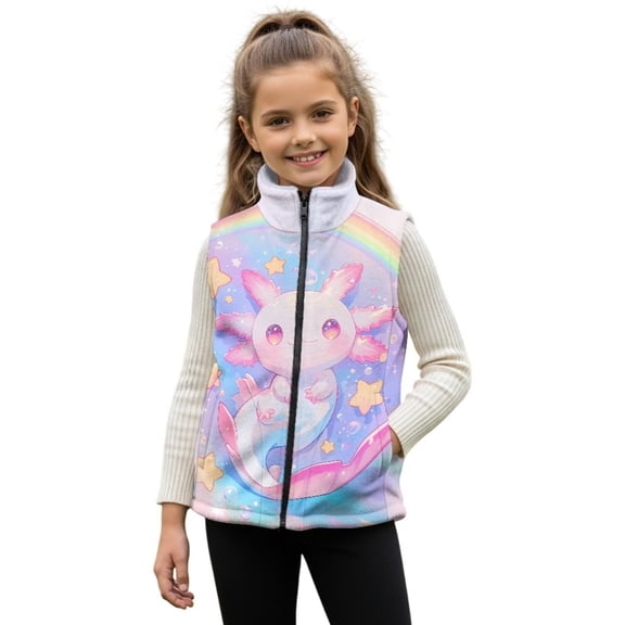 Yuyamidu Girls Axolotl Vests Size 11-12 Cute Zip Up Fuzzy Fleece Jacket Vest with Pockets Lightweight Warm Stand Collar Sleeveless Coat Winter Waistcoat for Kids