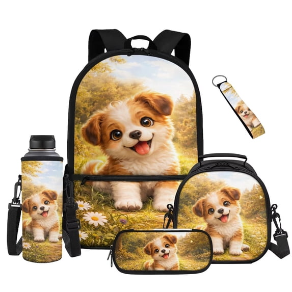 Yuyamidu Girls Backpack with Lunch Box Age 6-8 Cute Golden Retriever Print Bookbag with Lunch Bag, Pencil Case, Water Bottle Pouch & Keychain Set of 5, 1st-3rd Grade School Bag, Back to School