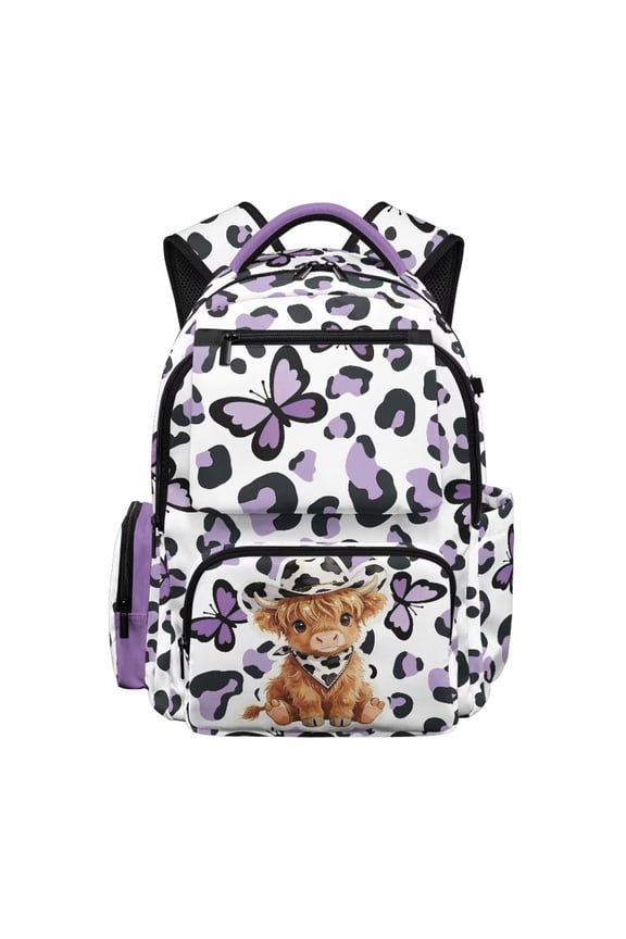Girls Backpacks Ages 6-10 Cute Highland Cow and Butterfly Print School Bag 17 Inch Lightweight Waterproof Multi-Pocket Bookbag with Padded Shoulder Straps Back to School