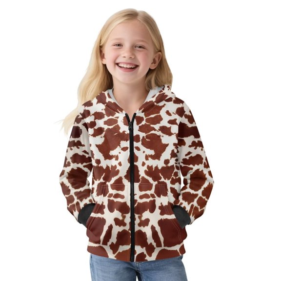 Yuyamidu Girls Hoodie Size 6-7 Brown Cow Print Fleece Zip Up Jacket Soft Comfortable Drop Shoulder Hooded Sweatshirts with Pockets Warm Winter Coat School Outdoor Outfits