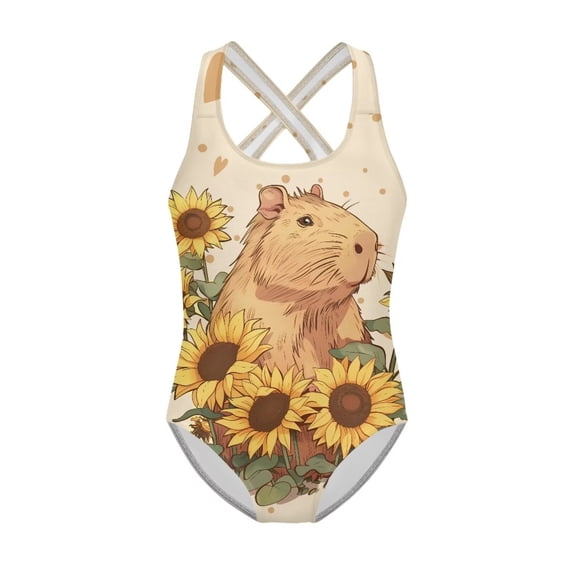 Yuyamidu Girls One Piece Swimsuits Capybara Sunflower Full Coverage Swimsuit Cross Back Summer Swimwear Quick Dry Bathing Suit Beach Wear