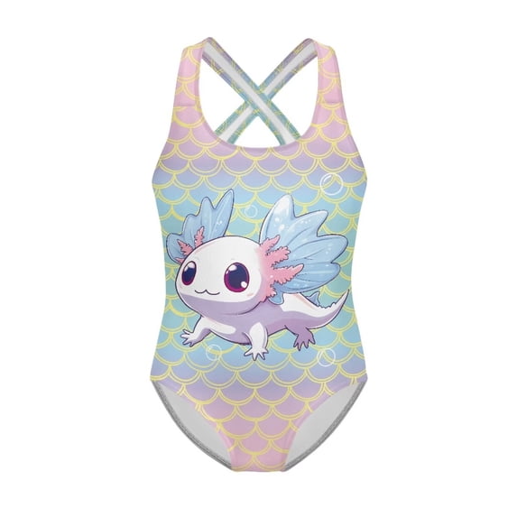 Yuyamidu Girls Sparkle Swimsuits Cute Axolotl Athletic Competition Bathing Suit Quick Dry Beach Swimwear Sleeveless Gymnastics Leotards