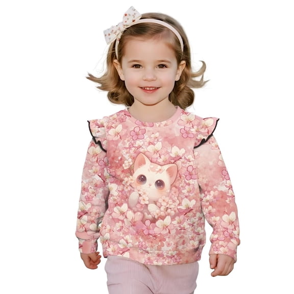 Yuyamidu Girls Sweatshirt 4T 5T Cherry Blossom Cat Graphic Crewneck Sweatshirt Y2K Ruffle Long Sleeve Top Lightweight Soft Workout Pullover Casual Fall Outfits