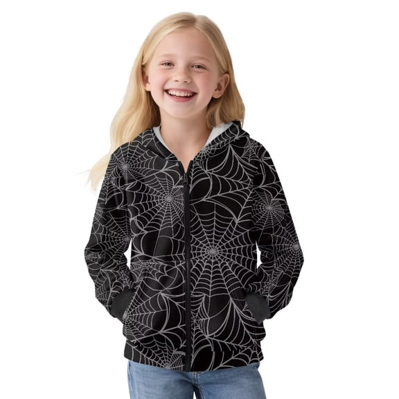 Yuyamidu Girls Zip Up Fleece Hoodie Size 14-16 Spider Web Print Jacket Winter Hooded Sweatshirt with Pockets Casual Drop Shoulder Hoodie School Outdoor Workout Outfits