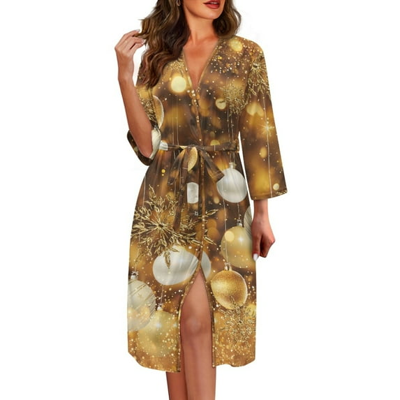 Yuyamidu Gold Christmas Robes for Women Lightweight Long Sleeve Bathrobe Xmas Ball Mid-Calf Length Spa Robe Sexy Long House Robes Size 2XL Soft Nightgowns with Waist Belt