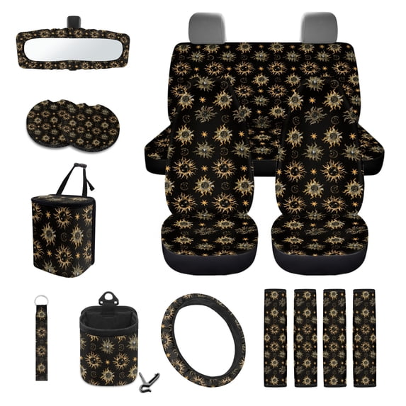 Yuyamidu Gold Sun and Moon Car Seat Cover Full Set with Steering Wheel Cover Seat Belt Strap Cover Trash Cans Rear View Mirror Cover Cup Coaster Keychain Wristlet Strap Car Vent Organizer, 15 PCS
