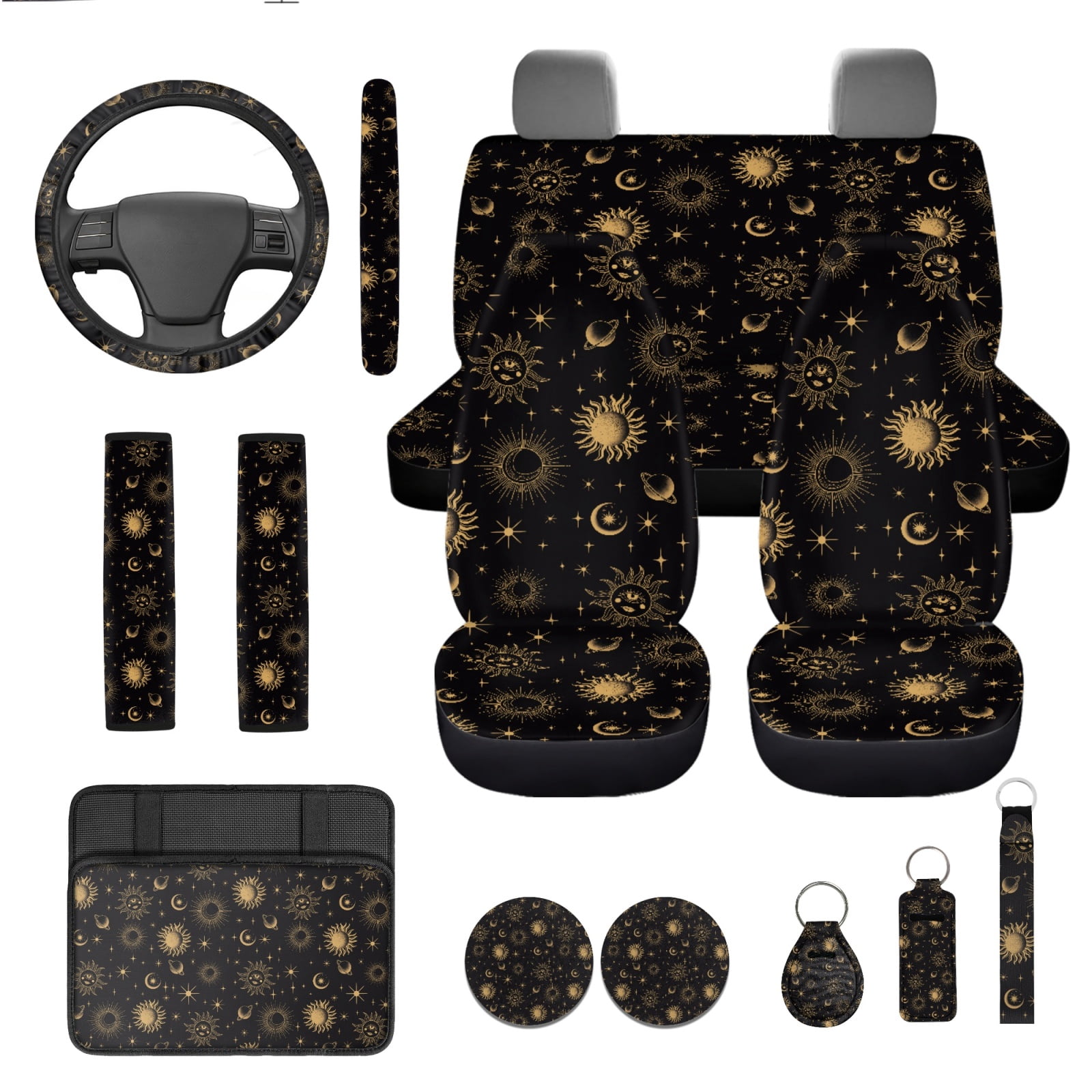Yuyamidu Gold Sun and Moon Front Back Seat Cover Set of 13 Universal Steering Wheel Cover Seat Belt Pad Armrest Cover Pad Lipstick Sleeve Coasters Keychain Car Accessories Set
