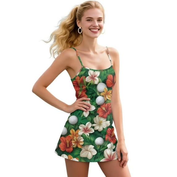 Yuyamidu Golf Ball Athletic Dress with Built in Shorts for Women, 2 Pieces Hibiscus Cross Backless Sleeveless Tennis Golf Dress Size XS
