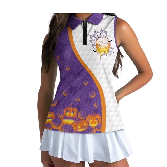 Yuyamidu Golf Ball Cobweb Sleeveless Tennis Golf Shirts for Women Casual Workout Tank Tops, Breathable Quick Dry, Quarter Zip Collar, for Golf Training, Halloween Holiday Sports Wear