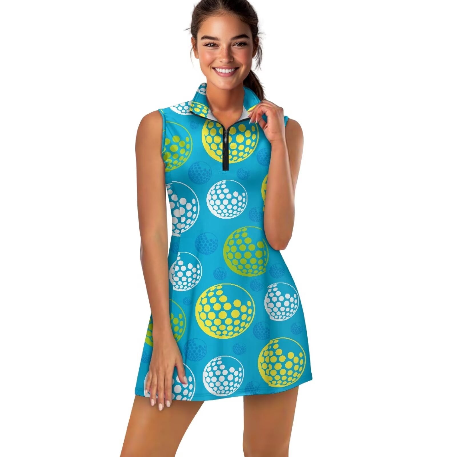 Yuyamidu Golf Ball Print Womens Golf Dress Sleeveless Workout Dress Size L Trendy Athletic Dresses with Built in Shorts and Pockets Moisture Wicking 2 Piece Sports Wear
