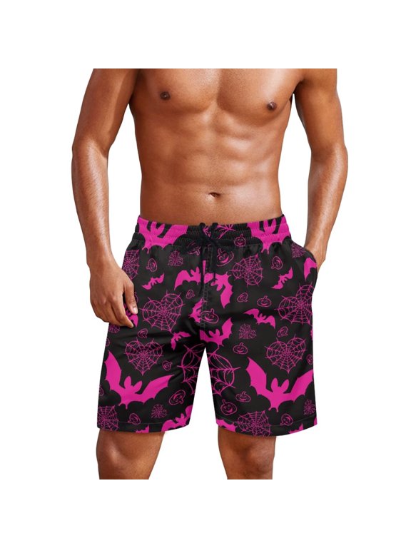 Gothic Swim Trunks Men Beach Swimwear with Pockets Quick Dry Shorts for Vacation Tropical Use, Bat Pink Man S