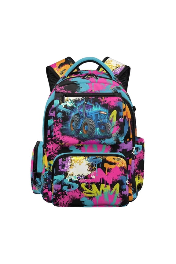 Graffiti Tractor Backpack for Kids 5-7 Boys Waterproof Lightweight Multi Pocket Bookbag with Padded Shoulder Straps for Preschool to 2nd Grade Back to School Gifts