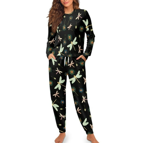 Yuyamidu Gragonfly Pajamas Pants Matching Set of 2 Dandelion Women Sleepwear for Fall Winter Spring Long Sleeve Pj Top & Pants Size M Loose Fitting O-Neck Nightwear