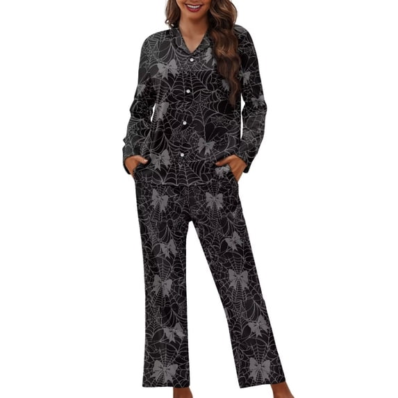 Yuyamidu Gray Bow Cobweb Pj Set for Women Halloween Home Relaxed Loungewear Loose Button Winter Pajama 2 Pieces Comfortable V Neck Tracksuit Comfort Sleepwear Size XS