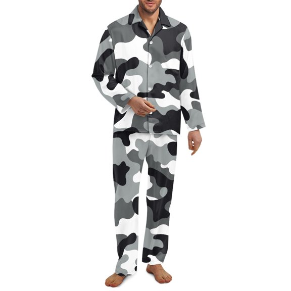 Yuyamidu Gray Camo Button Down Pajamas Set for Men with Pockets 2 Pieces Camouflage Long Sleeve Sleepwear Size 4XL Soft Loungewear Sets Casual Notch Collar Nightwear