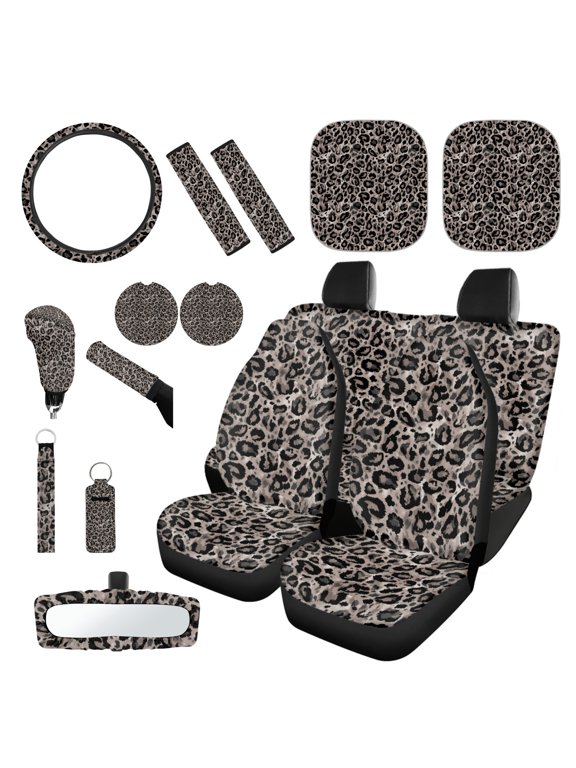 Gray Leopard Print Car Seat Cover Set 16 PCS Universal Steering Wheel Cover Seat Belt Pads Gear Shift Hand Brake Cover Rearview Mirror Cover Coasters Keychain Sun Shade for SUV Van Truck