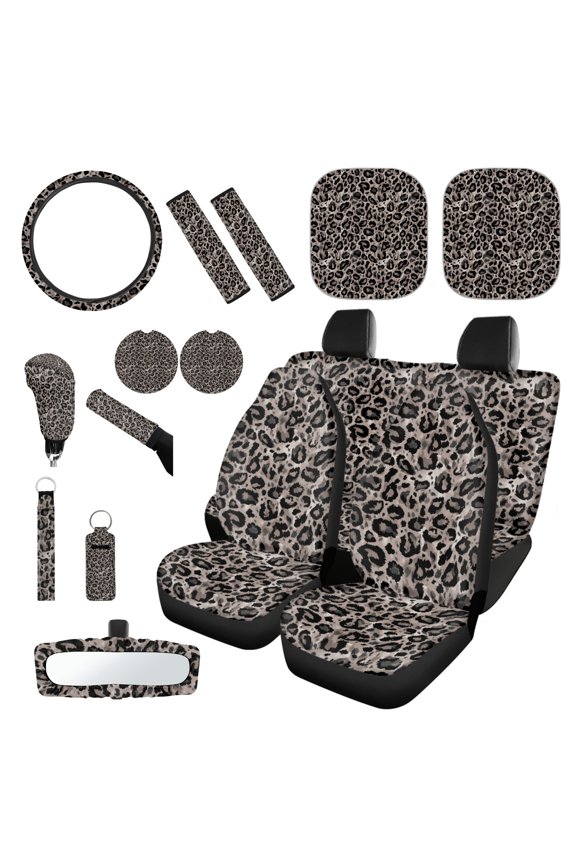 Gray Leopard Print Car Seat Cover Set 16 PCS Universal Steering Wheel Cover Seat Belt Pads Gear Shift Hand Brake Cover Rearview Mirror Cover Coasters Keychain Sun Shade for SUV Van Truck