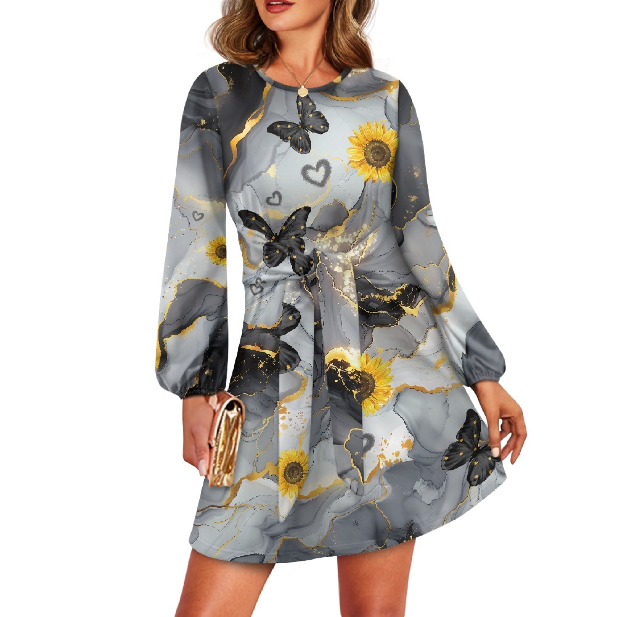 Yuyamidu Gray Marble Print Long Sleeve A-Line Midi Dress Wedding Guest ...