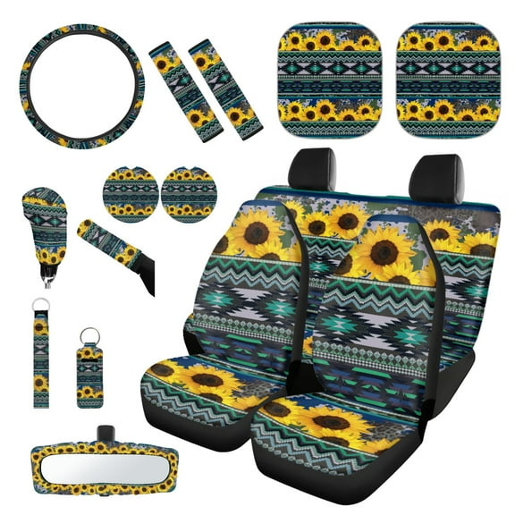 Yuyamidu Green Aztec Car Seat Covers Set 16 PCS Car Front Rear Seat Cover Sunflower Sunshade Steering Wheel Cover Seat Belt Pads Gear Shift Hand Brake Cover Rear View Mirror Cover Coasters Keychain