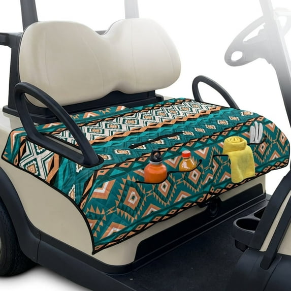 Yuyamidu Green Aztec Golf Cart Seat Covers with Front Pockets Southwestern Tribal Golf Cart Seat Towel Blanket for Club Car Accessories for 2 Passenger