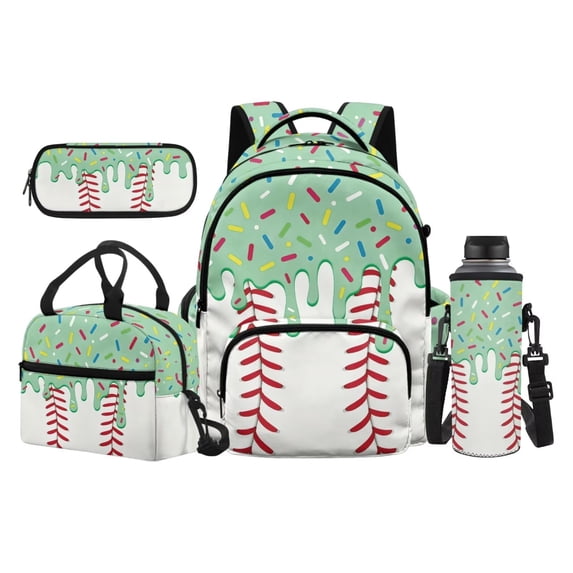 Yuyamidu Green Baseball Backpack 4 Piece Set for Girls Ages 6-12, Elementary Middle School Bookbag with Lunch Bag Pencil Case Water Bottle Bag Kids School Daypack