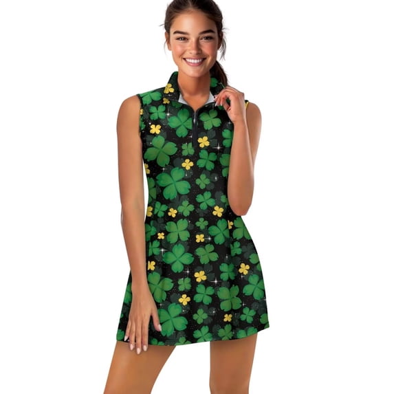 Yuyamidu Green Four Leaf Golf Dress for Women with Shorts Workout Dress St. Patrick's Day Casual Tennis Dresses Sleeveless Womens Golf Outfit Polyester Workout Dresses Size XS