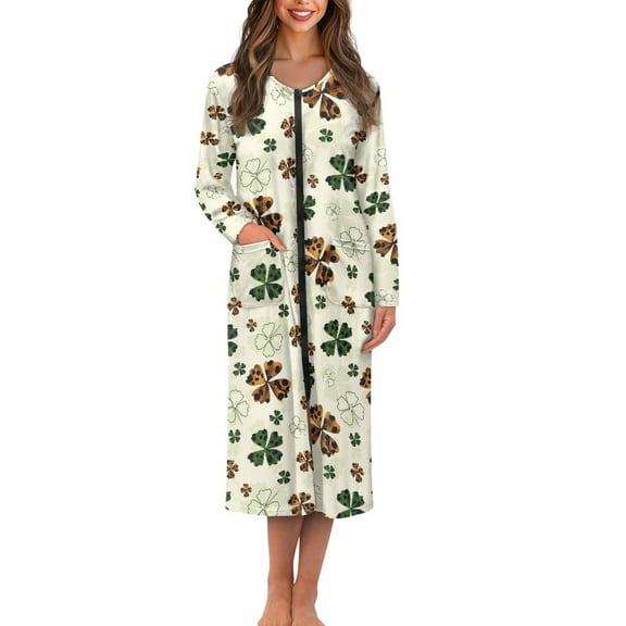 Yuyamidu Green Leaf Bathrobe Sleepwear for Women Lightweight Long Sleeve Robe with Zipper Leopard Print Long Robes St. Patrick's Day Dressing Gown Plus Size 3XL Soft Mid-Calf Length Nightgowns