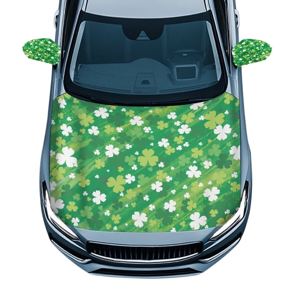 Yuyamidu Green Leaf Car Side View Mirror Covers St. Patrick's Day Auto Front Hood Cover 3 Piece Car Hood Cover Protector with Exterior Rear View Mirror Covers Wrap Car Decor