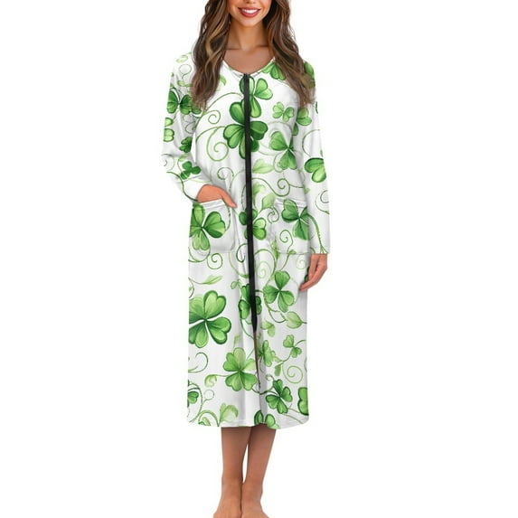 Yuyamidu Green Leaf Womens Bath Robes Female Kimono Robe for Women Plus Size S St. Patrick's Day Nightgowns Girls House Coat Soft Long Bathrobe Fall Spring Pj Dress