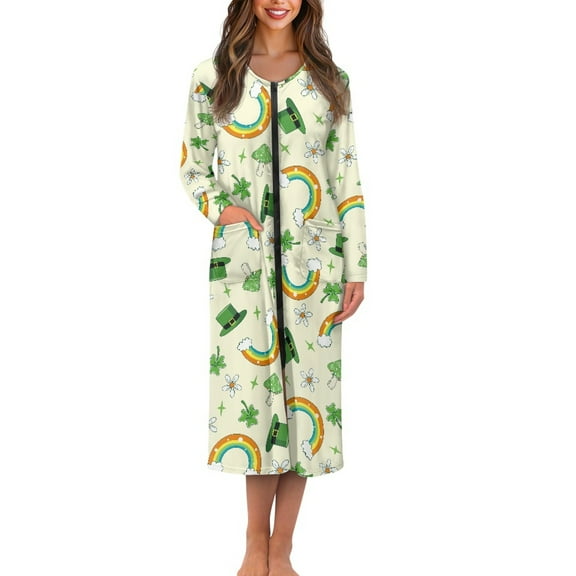 Yuyamidu Green Leaf Womens Robes Lightweight Zipper Front Long Sleeves Bathrobe Mushroom Long Sleepwear St. Patrick's Day Mid-Length Robe Nightgrown Rainbow Loungewear Size L