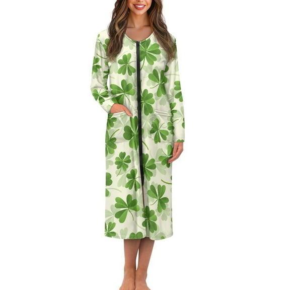 Yuyamidu Green Leaf Womens Robes St. Patrick's Day Long Sleeve Bathrobe with Front Zipper Comfy Round Neck Gowns for Ladies Sleepwear Housecoat Fashion Pajama Nightgown Size S
