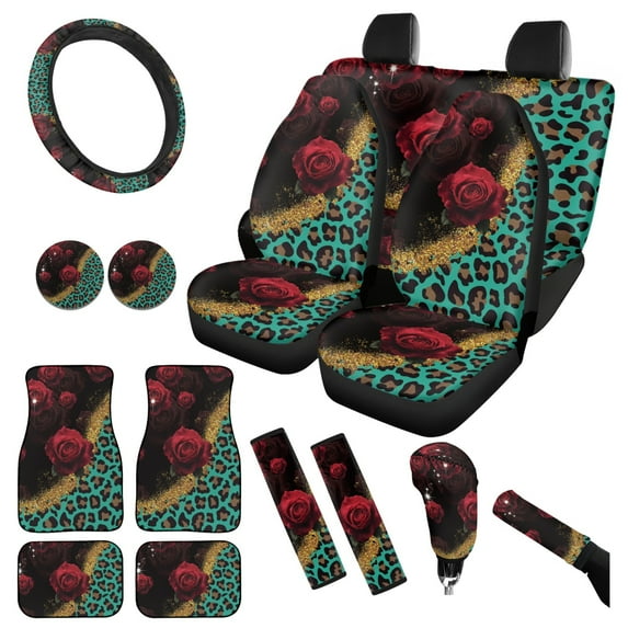Yuyamidu Green Leopard Print Auto Accessories Set Red Rose Car Seat Covers Auto Steering Wheel Cover Seatbelt Shoulder Pad Handbrake Cover Set Car Cup Holders