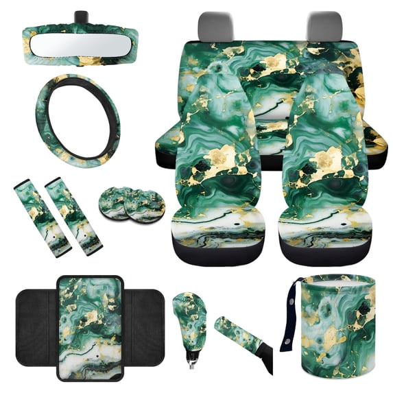Yuyamidu Green Marble Print Car Seat Covers and Steering Wheel Cover Seat Belt Covers Trash Bin Rearview Mirror Cover Car Armrest Cover Coasters Gear Shift Knob Cover 14 Pack Auto Accessories