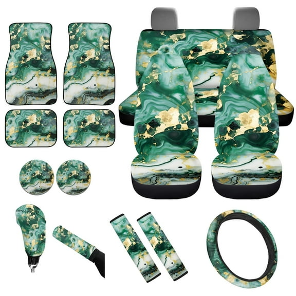 Yuyamidu Green Marble Print Front Rear Car Seat Covers Full Set Car Floor Mats Steering Wheel Cover Seat Belt Pads Coasters Handbrake Cover Set, 15 Pack
