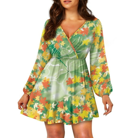 Yuyamidu Green Marble Print Women Dress Thanksgiving Holiday A-Line Swing Dresses Maple leaves Lantern Sleeve Dress Comfy V Neck Midi Dress for Wedding Party, Size L
