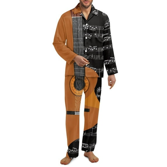 Yuyamidu Guitar Button Down Pjs for Men Set 2 Pieces Music Note V Neck Pajama Tops with Long Sweatpants Size S Casual Home Wear Lounge Wear Breathable Long Sleeve Sleepwear