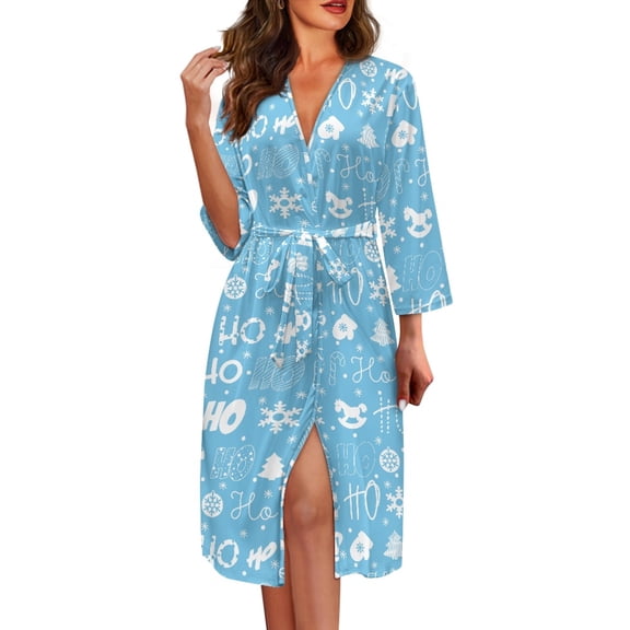 Yuyamidu HO-HO-HO Bathrobe Women Lightweight Spa Robe Snowflake V-Neck Nightgown Blue Kimono Robes Christmas Robe Womens 3/4 Sleeves Homewear Size XL