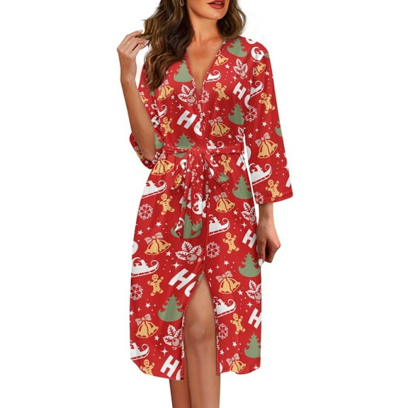 Yuyamidu HO-HO-HO Long Bath Robe for Women Christmas Bell Spa Bathrobes Red Party Nightgowns Dress Ladies Pajamas Sleepwear Mid-Length Night Robe Size L